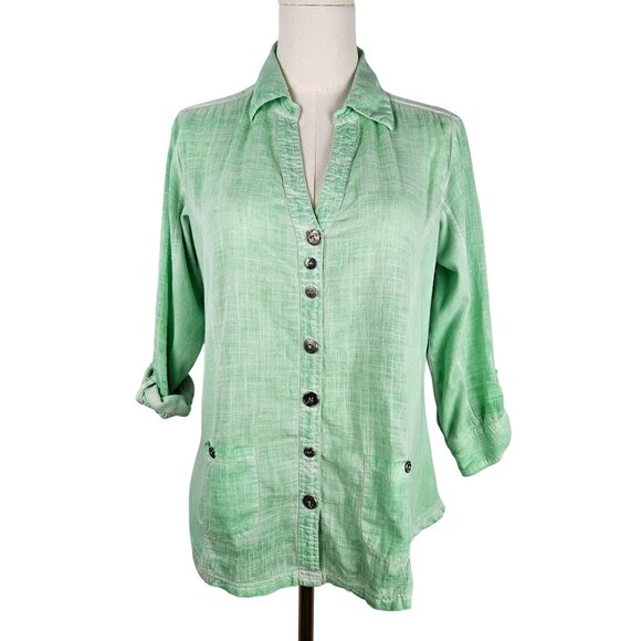 Parsley & Sage Green Button-Down Cotton Shirt Medium 3/4 Sleeve Boho - Picture 1 of 9